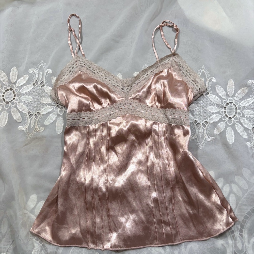 Y2K Babydoll Pink Satin Lace Trim Cami Top Pintuck Pleated Champagne Camisole M